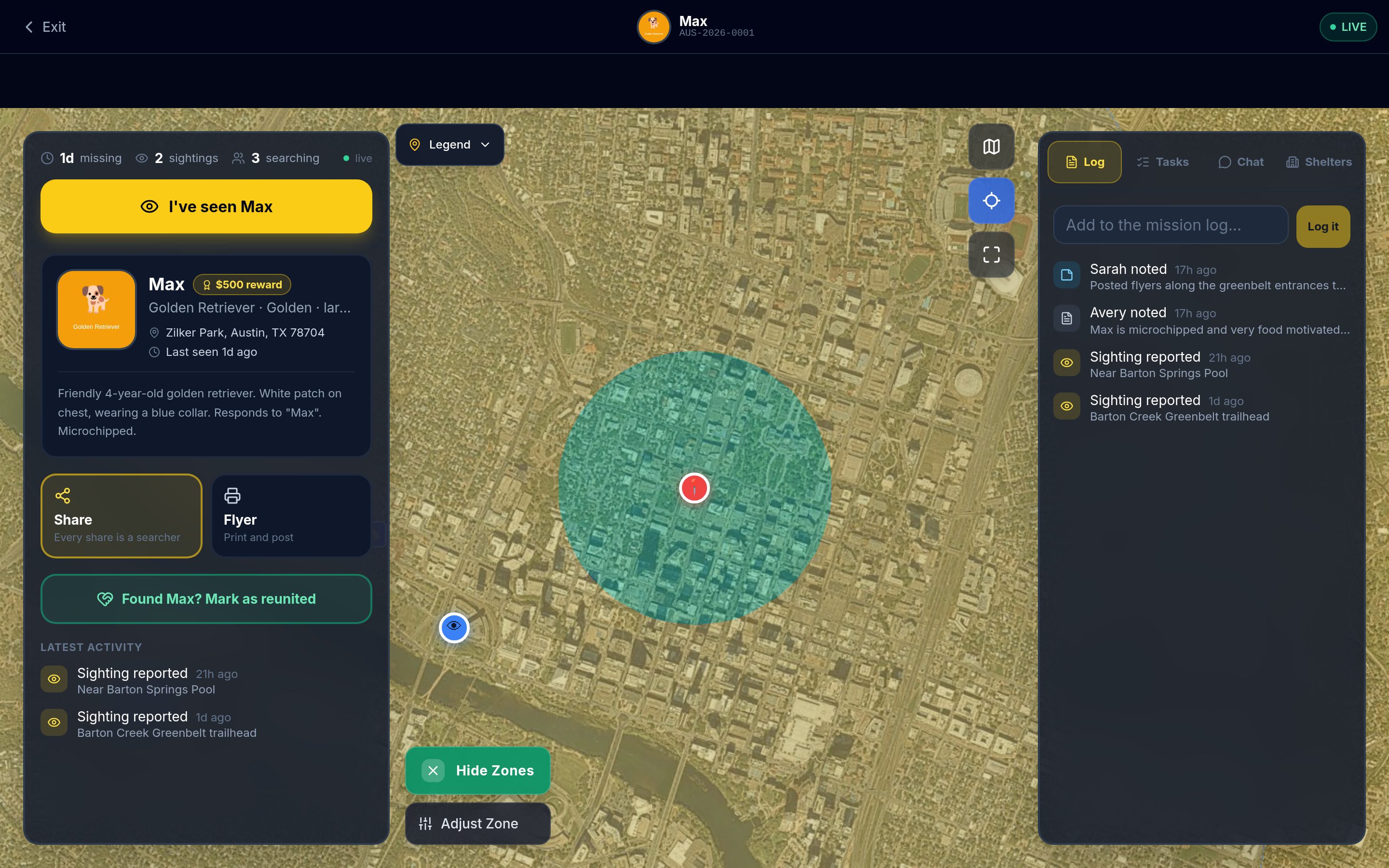 Mission Control: a live satellite map with the search zone, sighting reports, one-tap flyers, and the team's mission log